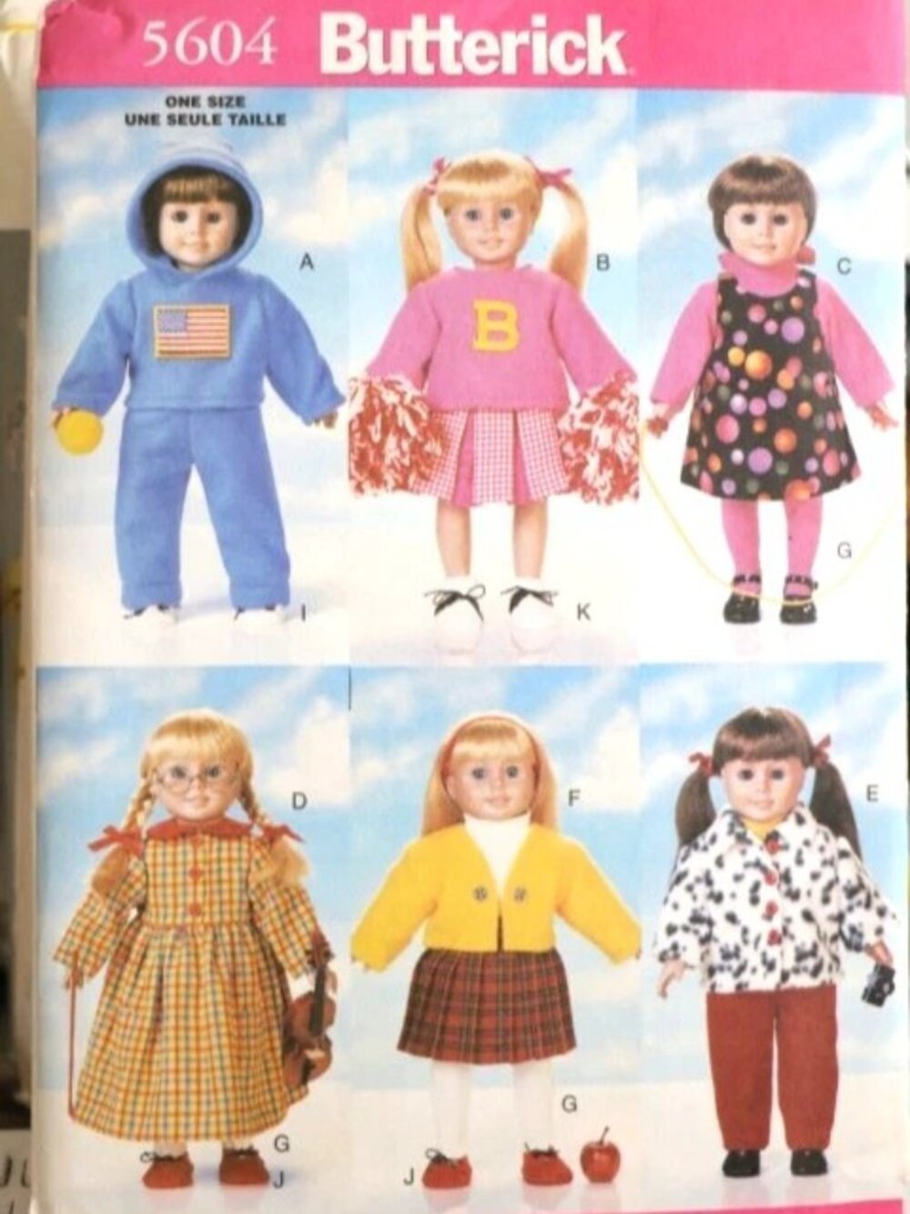 Butterick 5604 18" Doll Clothes Cheer Leader Shoes Sweatsuit Jumper